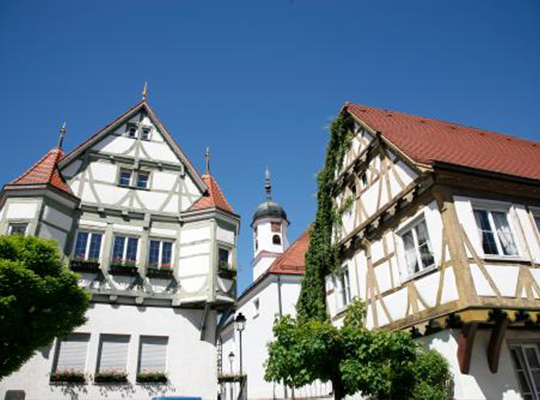 Bei blauem Himmel strahlen die alten Fachwerkhäuser noch extremer, die grünen Sträuche erklimmen die Häuer empor.