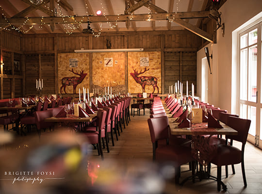 Schön dekorierter, für das Kriminal Dinner aufbereiteter Speisesaal. Hirsche als Wanddekoration 