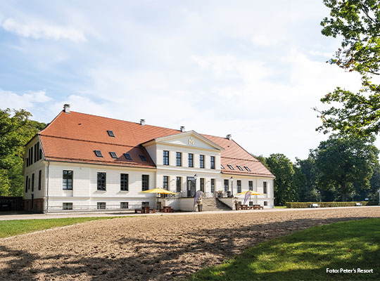 Außenbereich von Peter`s Resort mit grüner Wiese